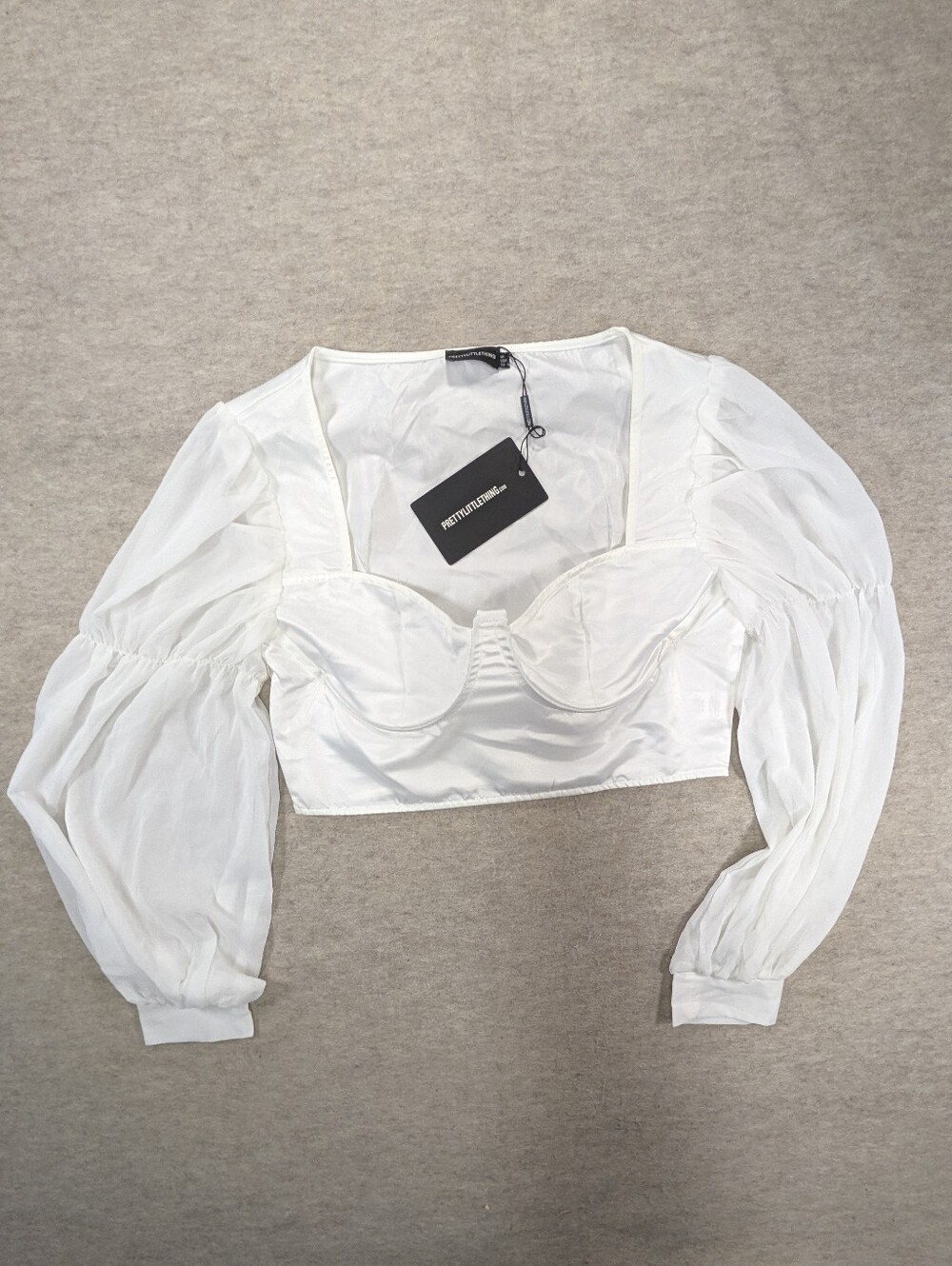 Prettylittlething Uk 12 White Satin V Underwire Corset Cropped Sheer Sleeve Top